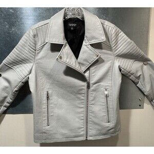 Topshop Moto Jacket Ivory Asymmetrical Zip Vegan Leather Size US 8 UK 12 EUR 40